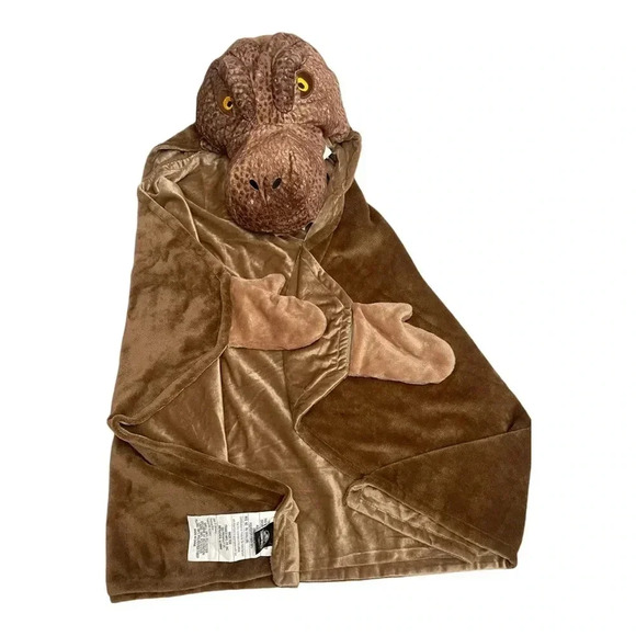 Jurassic World Brown Dinosaur Plush Head Wrap Kids Blanket size 48”Wx30”H - Picture 3 of 16